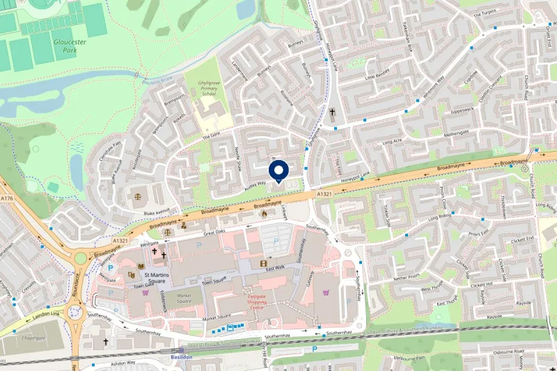 Map showing the George Hurd Centre on Audley Way, Basildon, marked with a pin